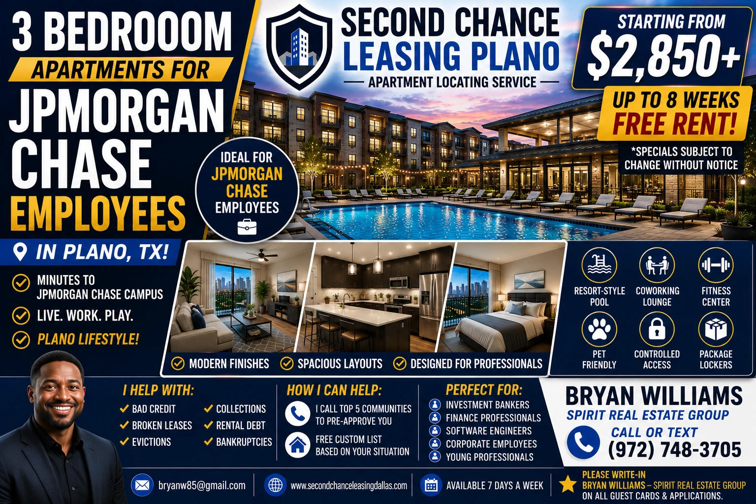 3 BEDROOM APARTMENTS FOR JPMORGAN CHASE EMPLOYEES IN PLANO TX | SECOND CHANCE LEASING PLANO | STARTING FROM $2,850+ | RESORT-STYLE POOL + COWORKING LOUNGE