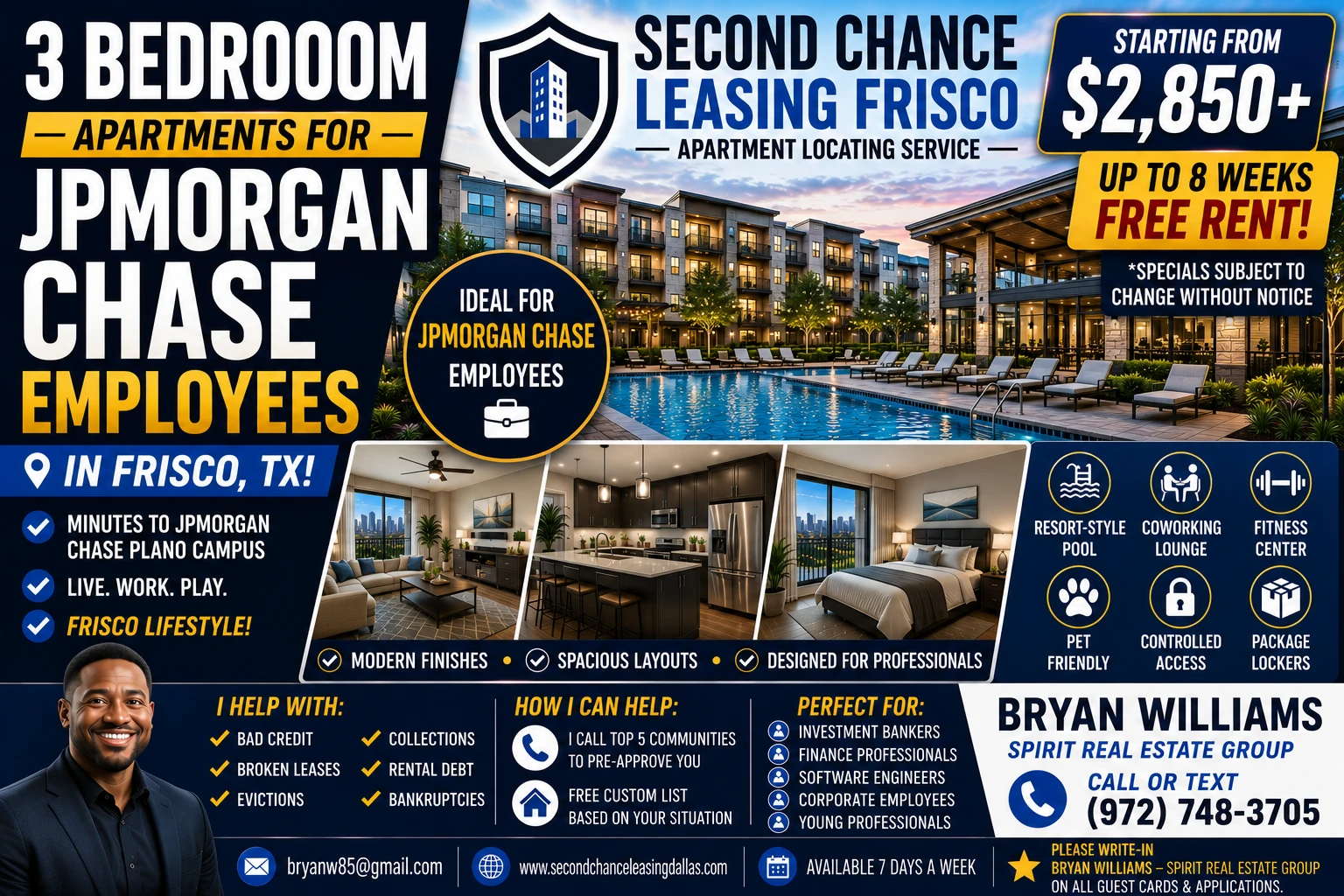 3 BEDROOM APARTMENTS FOR JPMORGAN CHASE EMPLOYEES IN FRISCO TX | SECOND CHANCE LEASING FRISCO | STARTING FROM $2,850+ | RESORT-STYLE POOL + COWORKING LOUNGE