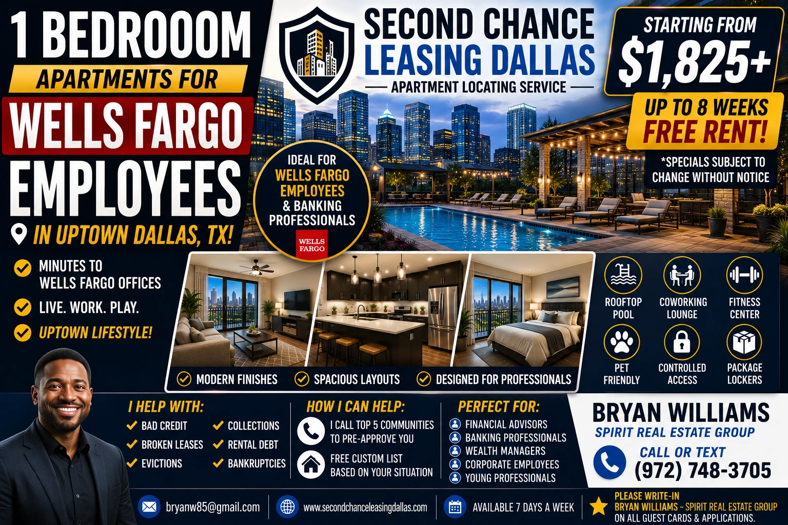 1 BEDROOM APARTMENTS FOR WELLS FARGO EMPLOYEES IN UPTOWN DALLAS | SECOND CHANCE LEASING DALLAS | STARTING FROM $1,825+ | ROOFTOP POOL + COWORKING LOUNGE