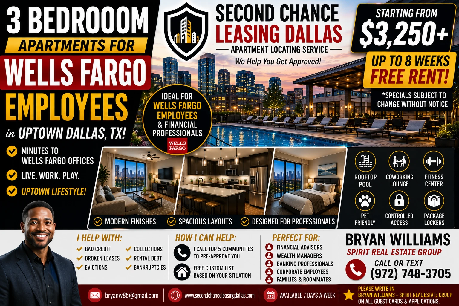 3 BEDROOM APARTMENTS FOR WELLS FARGO EMPLOYEES IN UPTOWN DALLAS | SECOND CHANCE LEASING DALLAS | STARTING FROM $3,250+ | ROOFTOP POOL + COWORKING LOUNGE