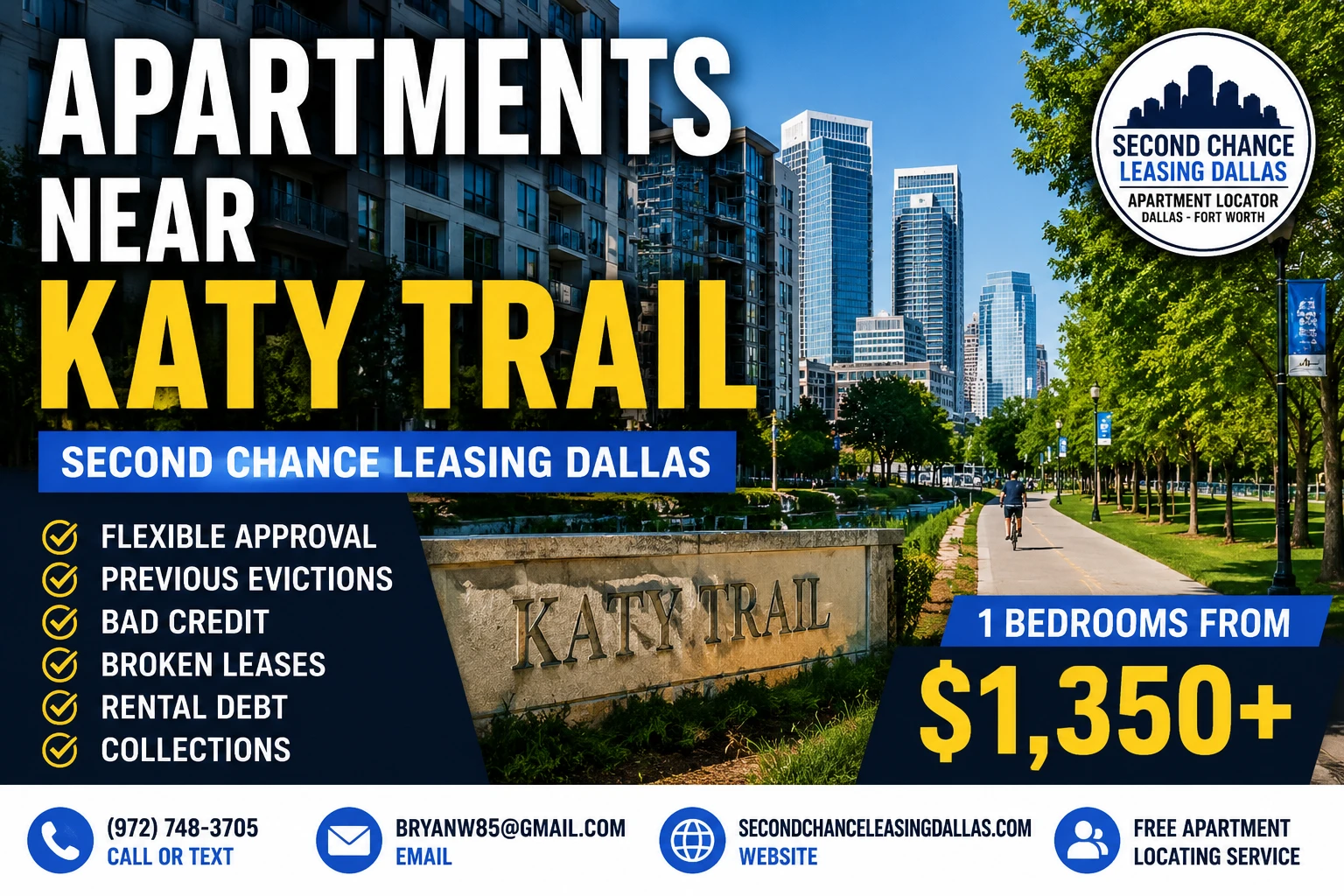 1 BEDROOM APARTMENTS NEAR KATY TRAIL | SECOND CHANCE LEASING DALLAS | 1 BEDROOM APARTMENTS FROM $1,350+