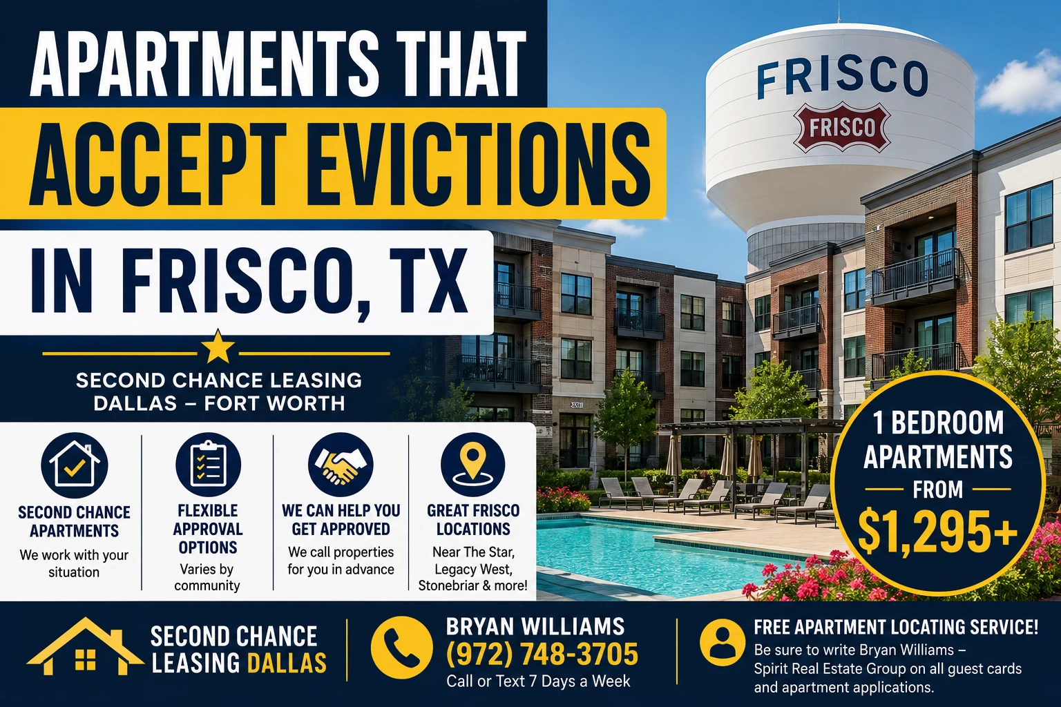 APARTMENTS THAT ACCEPT EVICTIONS IN FRISCO, TX | SECOND CHANCE LEASING DALLAS–FORT WORTH | 1 BEDROOM APARTMENTS FROM $1,295+