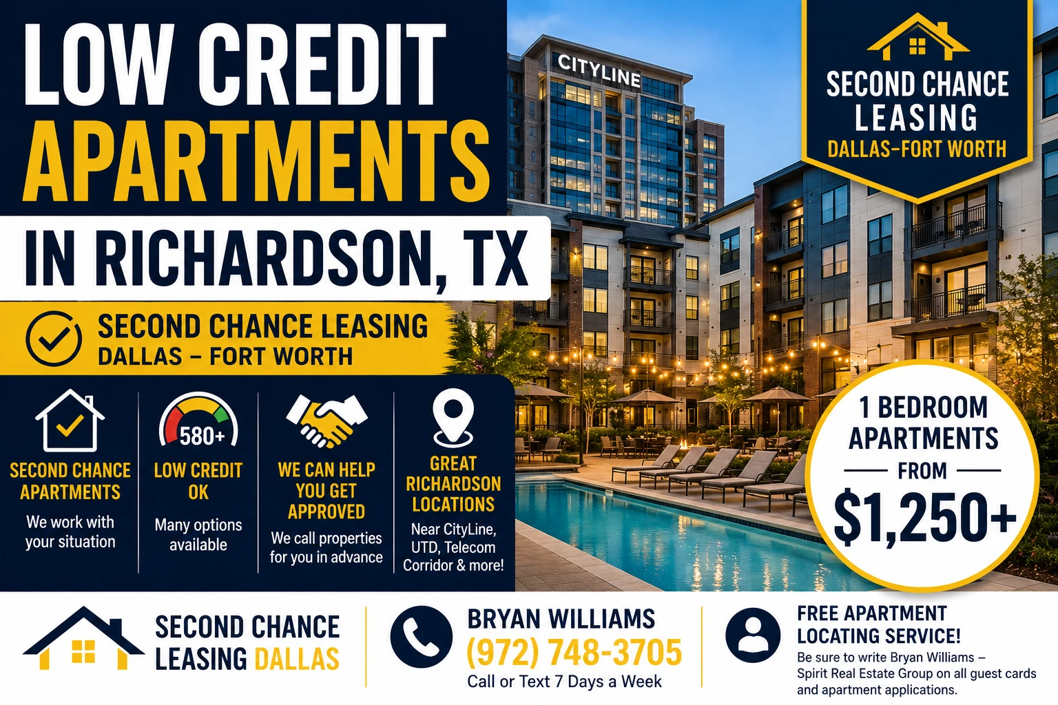 LOW CREDIT APARTMENTS IN RICHARDSON, TX | SECOND CHANCE LEASING DALLAS–FORT WORTH | 1 BEDROOM APARTMENTS FROM $1,250+