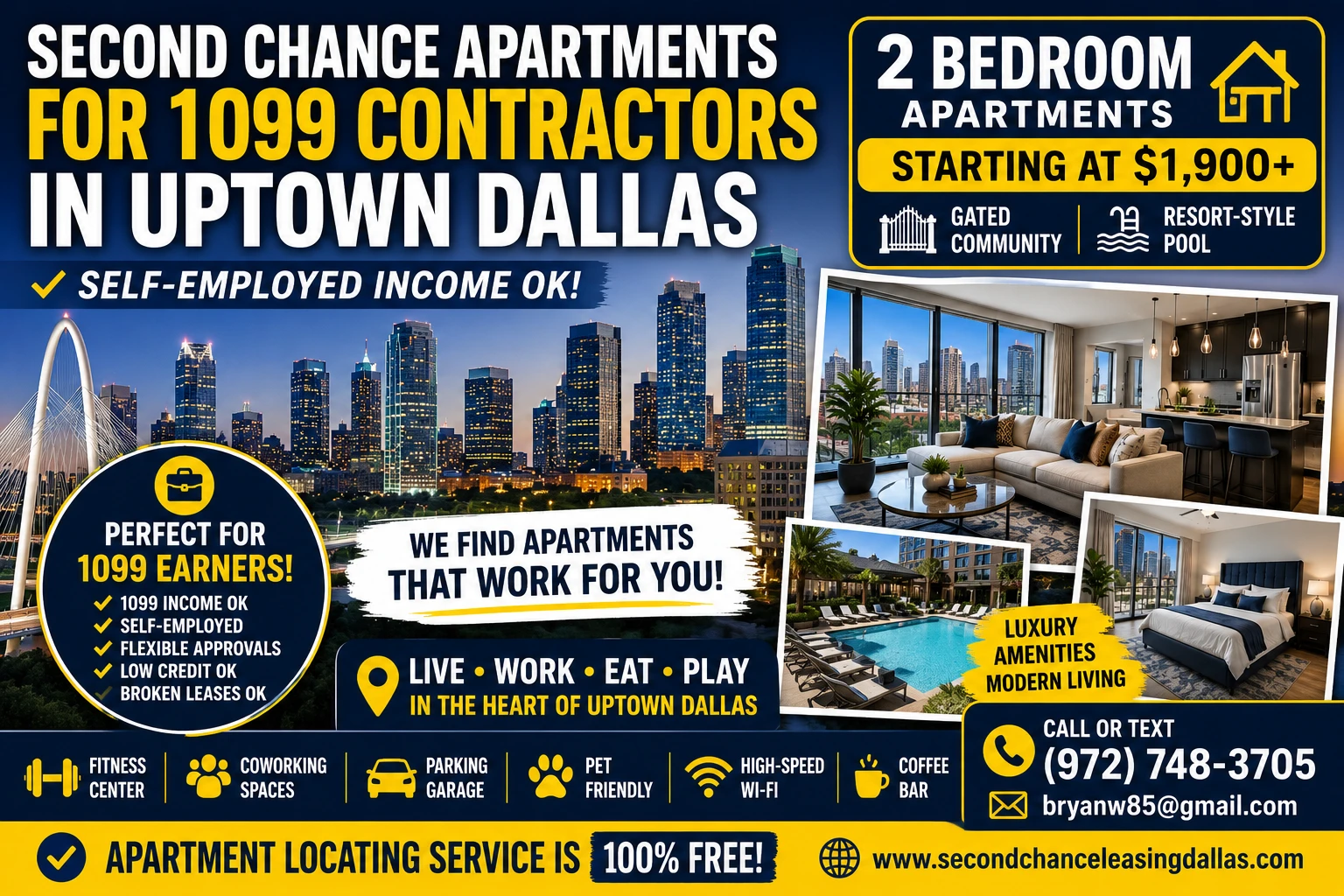 SECOND CHANCE APARTMENTS FOR 1099 CONTRACTORS IN UPTOWN DALLAS | 2 BEDROOM APARTMENTS FROM $1,900+ | GATED COMMUNITY + RESORT-STYLE POOL