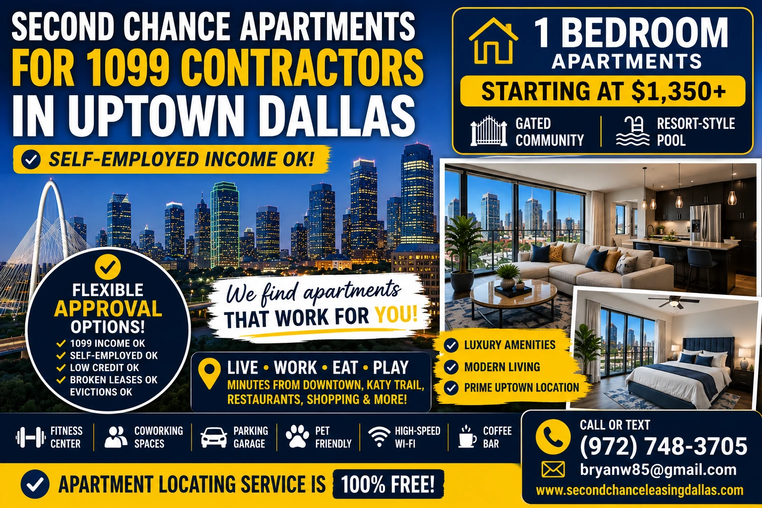 SECOND CHANCE APARTMENTS FOR 1099 CONTRACTORS IN UPTOWN DALLAS | 1 BEDROOM APARTMENTS FROM $1,350+ | GATED COMMUNITY + RESORT-STYLE POOL