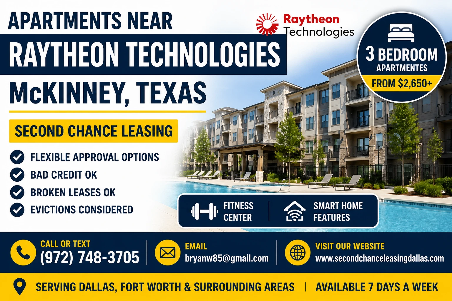 APARTMENTS NEAR RAYTHEON TECHNOLOGIES McKINNEY | SECOND CHANCE LEASING | 3 BEDROOM APARTMENTS FROM $2,650+ | FITNESS CENTER + SMART HOME FEATURES
