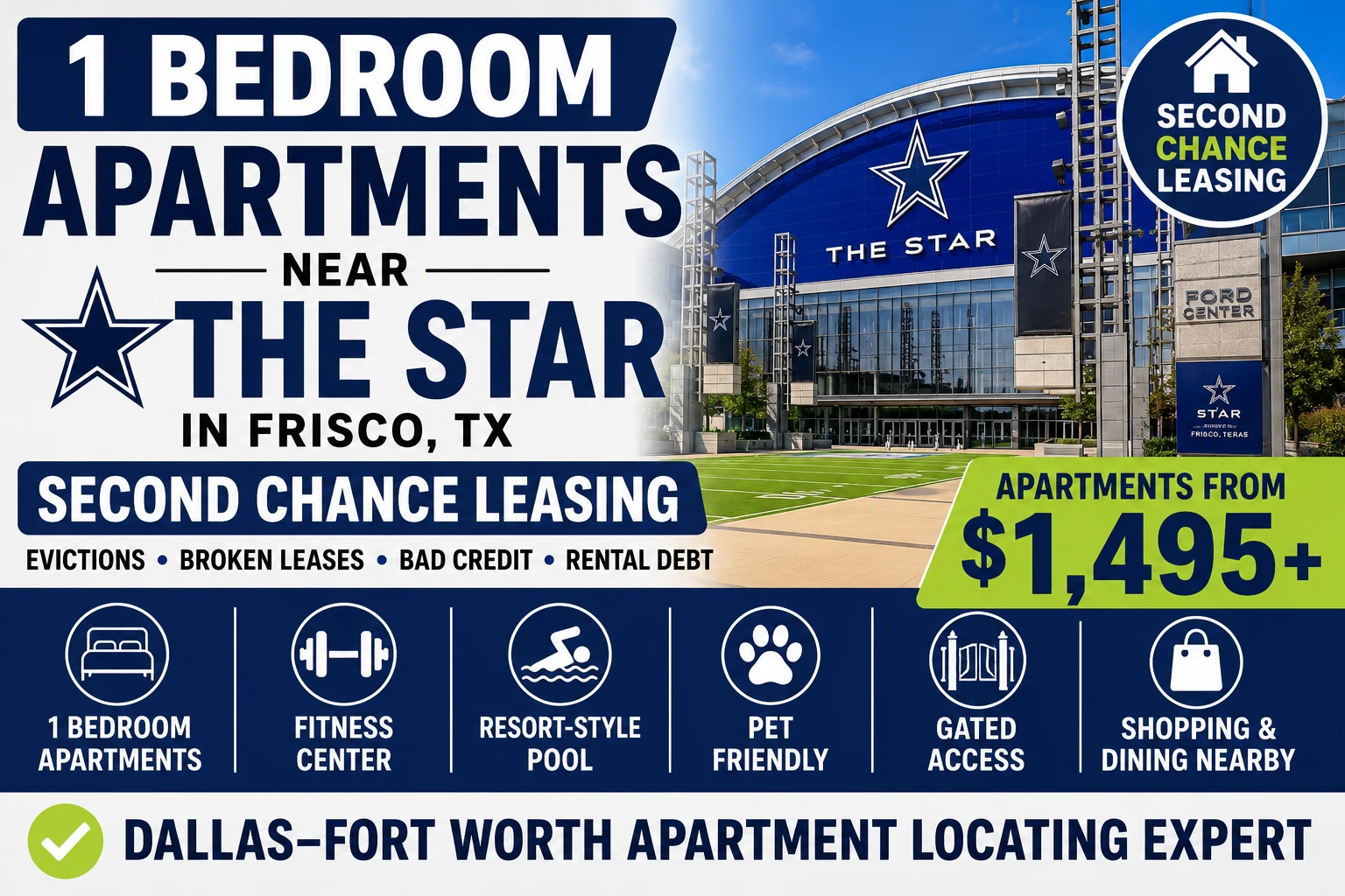 1 BEDROOM APARTMENTS NEAR THE STAR IN FRISCO, TX | SECOND CHANCE LEASING DALLAS–FORT WORTH | APARTMENTS FROM $1,495+