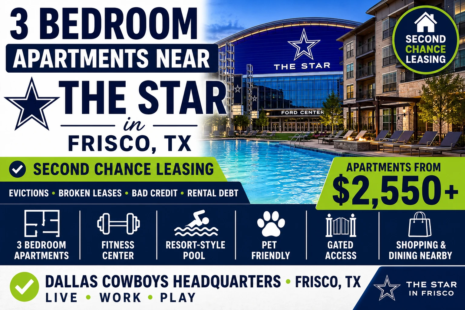 3 BEDROOM APARTMENTS NEAR THE STAR IN FRISCO, TX | SECOND CHANCE LEASING DALLAS–FORT WORTH | APARTMENTS FROM $2,550+