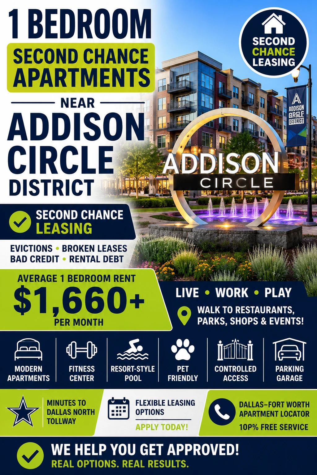 1 BEDROOM SECOND CHANCE APARTMENTS NEAR ADDISON CIRCLE DISTRICT | SECOND CHANCE LEASING DALLAS–FORT WORTH | AVERAGE RENT AROUND $1,660+