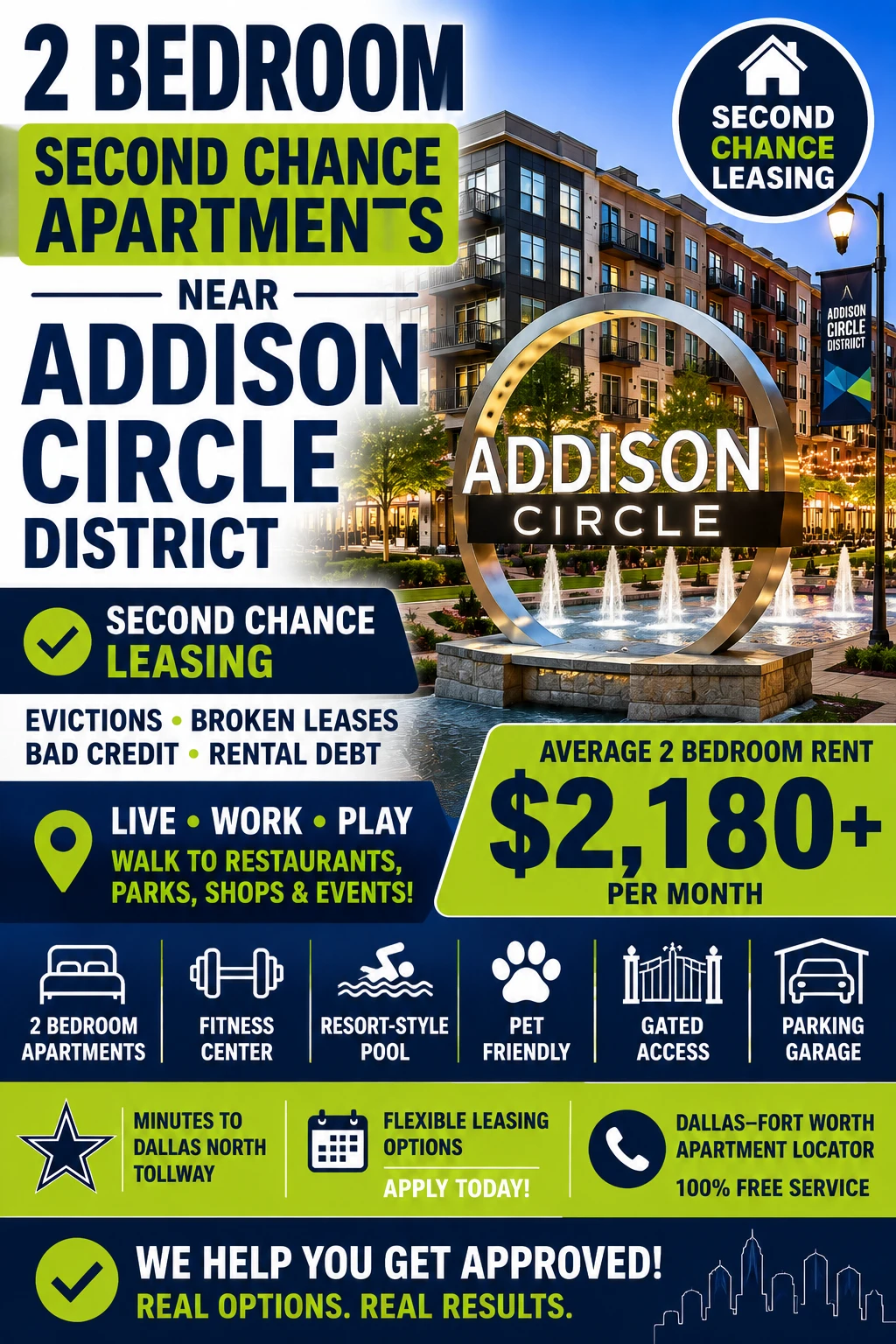 2 BEDROOM SECOND CHANCE APARTMENTS NEAR ADDISON CIRCLE DISTRICT | SECOND CHANCE LEASING DALLAS–FORT WORTH | AVERAGE RENT AROUND $2,180+