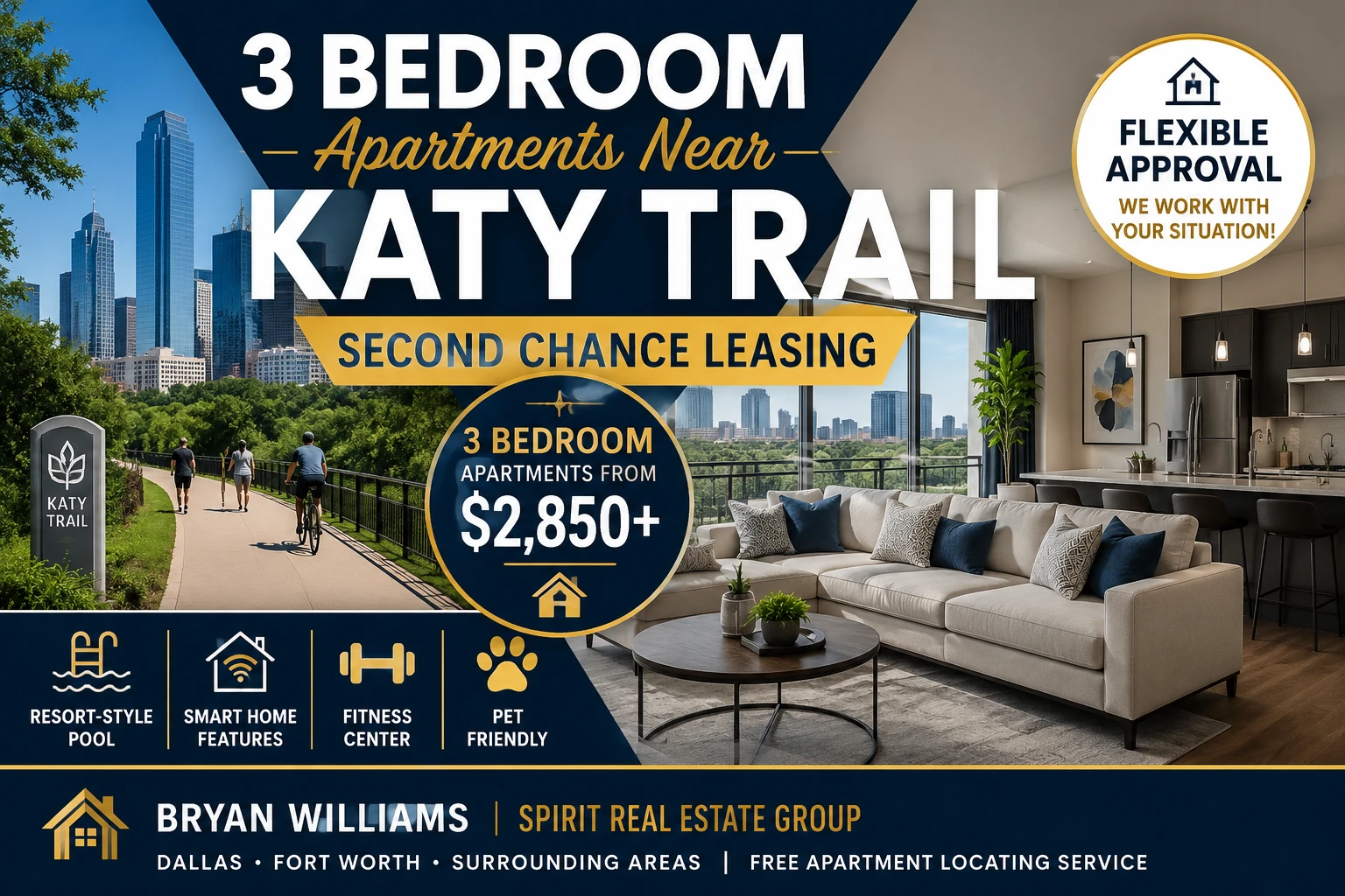 3 BEDROOM APARTMENTS NEAR KATY TRAIL | SECOND CHANCE LEASING | 3 BEDROOM APARTMENTS FROM $2,850+ | RESORT-STYLE POOL + SMART HOME FEATURES