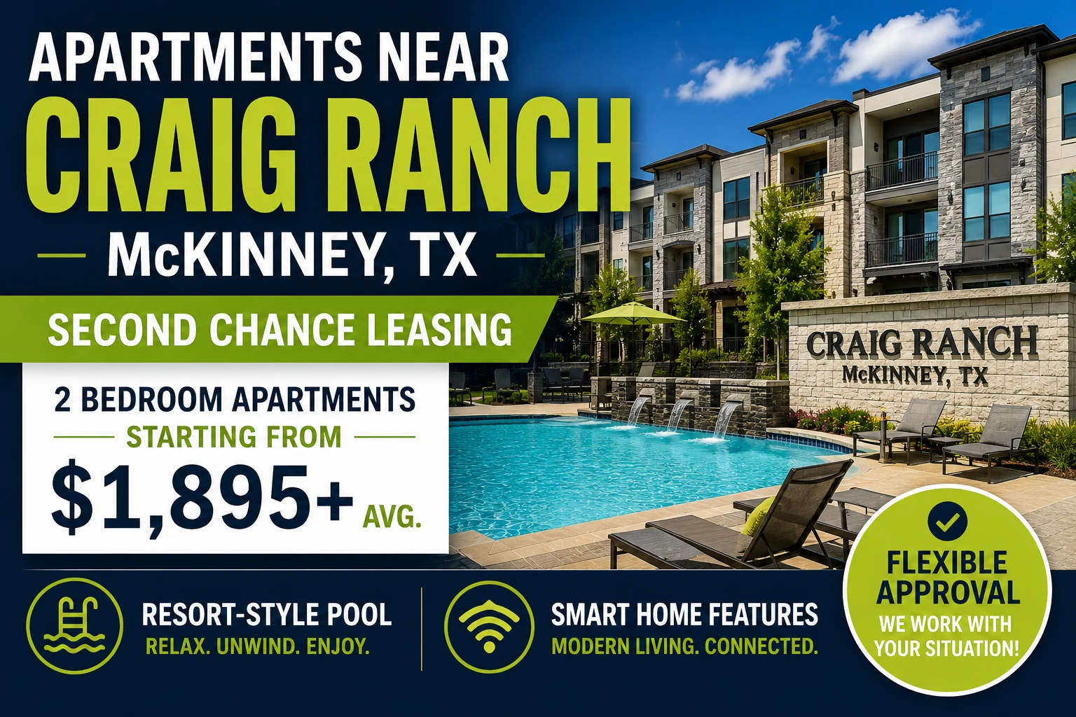 APARTMENTS NEAR CRAIG RANCH McKINNEY | SECOND CHANCE LEASING | 2 BEDROOM APARTMENTS FROM $1,895+ | RESORT-STYLE POOL + SMART HOME FEATURES