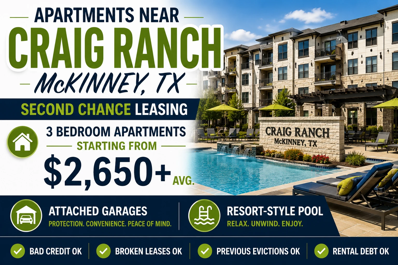 APARTMENTS NEAR CRAIG RANCH McKINNEY | SECOND CHANCE LEASING | 3 BEDROOM APARTMENTS FROM $2,650+ | ATTACHED GARAGES + RESORT-STYLE POOL
