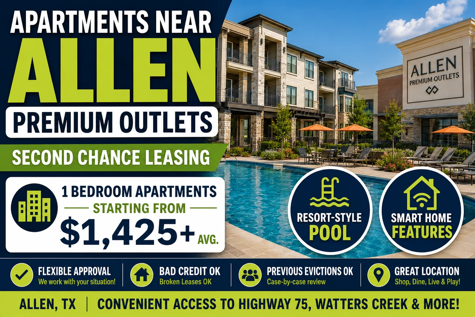 APARTMENTS NEAR ALLEN PREMIUM OUTLETS | SECOND CHANCE LEASING | 1 BEDROOM APARTMENTS FROM $1,425+ | RESORT-STYLE POOL + SMART HOME FEATURES