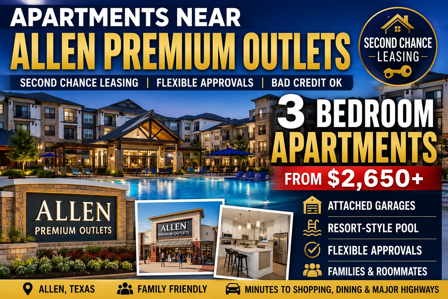 APARTMENTS NEAR ALLEN PREMIUM OUTLETS | SECOND CHANCE LEASING | 3 BEDROOM APARTMENTS FROM $2,650+ | ATTACHED GARAGES + RESORT-STYLE POOL