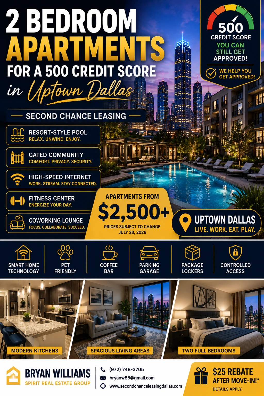 2 BEDROOM APARTMENTS FOR A 500 CREDIT SCORE IN UPTOWN DALLAS | SECOND CHANCE LEASING | APARTMENTS FROM $2,500+ | RESORT-STYLE POOL + GATED COMMUNITY