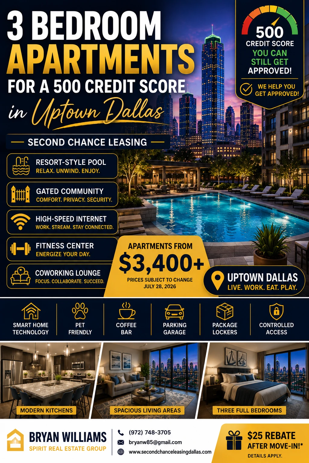 3 BEDROOM APARTMENTS FOR A 500 CREDIT SCORE IN UPTOWN DALLAS | SECOND CHANCE LEASING | APARTMENTS FROM $3,400+ | RESORT-STYLE POOL + GATED COMMUNITY