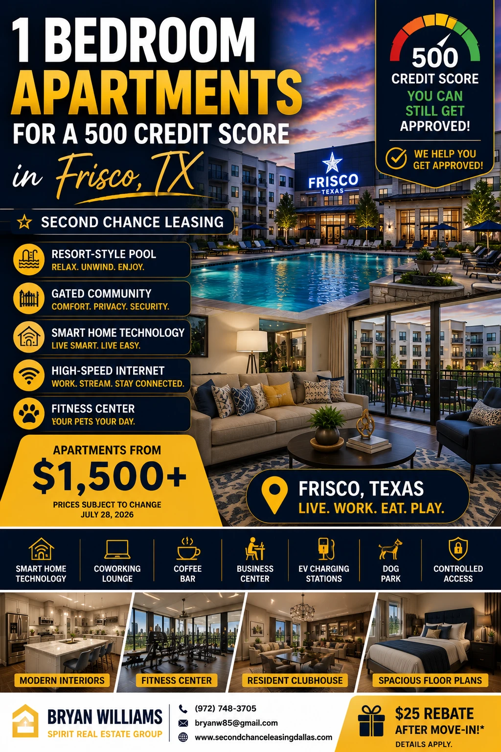 1 BEDROOM APARTMENTS FOR A 500 CREDIT SCORE IN FRISCO TX | SECOND CHANCE LEASING | APARTMENTS FROM $1,500+ | SMART HOME TECHNOLOGY + RESORT-STYLE POOL