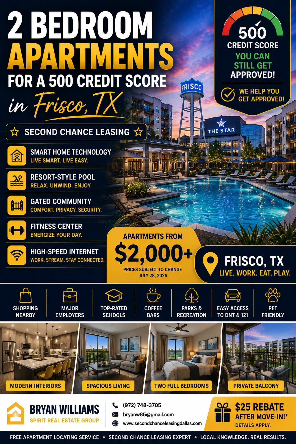 2 BEDROOM APARTMENTS FOR A 500 CREDIT SCORE IN FRISCO TX | SECOND CHANCE LEASING | APARTMENTS FROM $2,000+ | SMART HOME TECHNOLOGY + RESORT-STYLE POOL