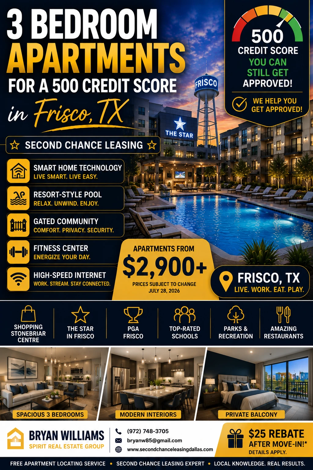 3 BEDROOM APARTMENTS FOR A 500 CREDIT SCORE IN FRISCO TX | SECOND CHANCE LEASING | APARTMENTS FROM $2,900+ | SMART HOME TECHNOLOGY + RESORT-STYLE POOL