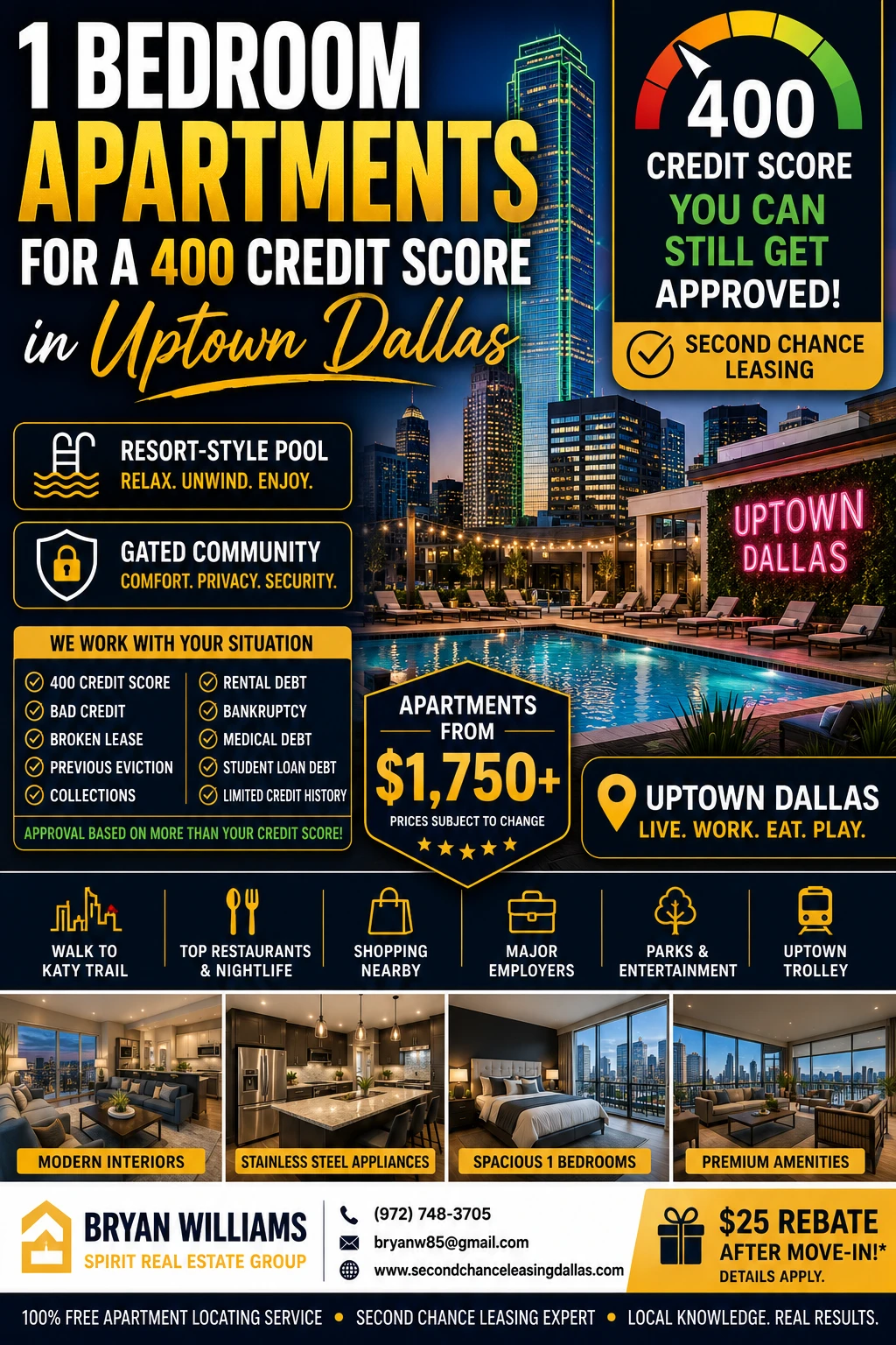 1 BEDROOM APARTMENTS FOR A 400 CREDIT SCORE IN UPTOWN DALLAS | SECOND CHANCE LEASING | APARTMENTS FROM $1,750+ | RESORT-STYLE POOL + GATED COMMUNITY