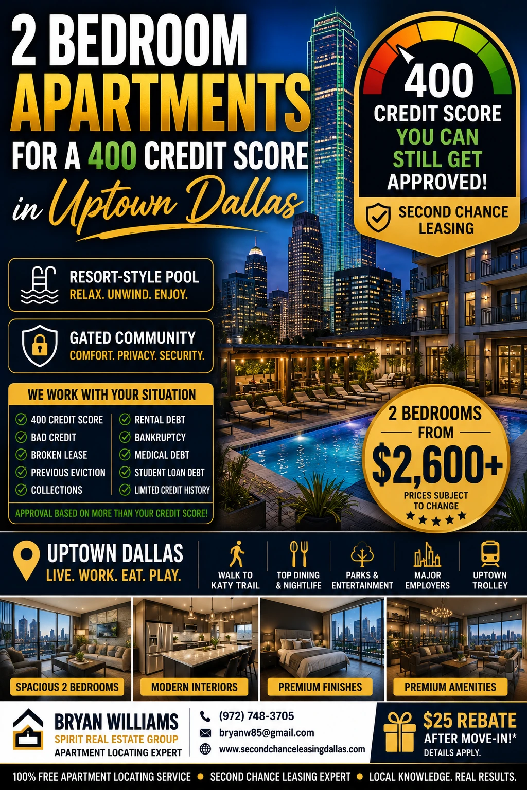 2 BEDROOM APARTMENTS FOR A 400 CREDIT SCORE IN UPTOWN DALLAS | SECOND CHANCE LEASING | APARTMENTS FROM $2,600+ | RESORT-STYLE POOL + GATED COMMUNITY