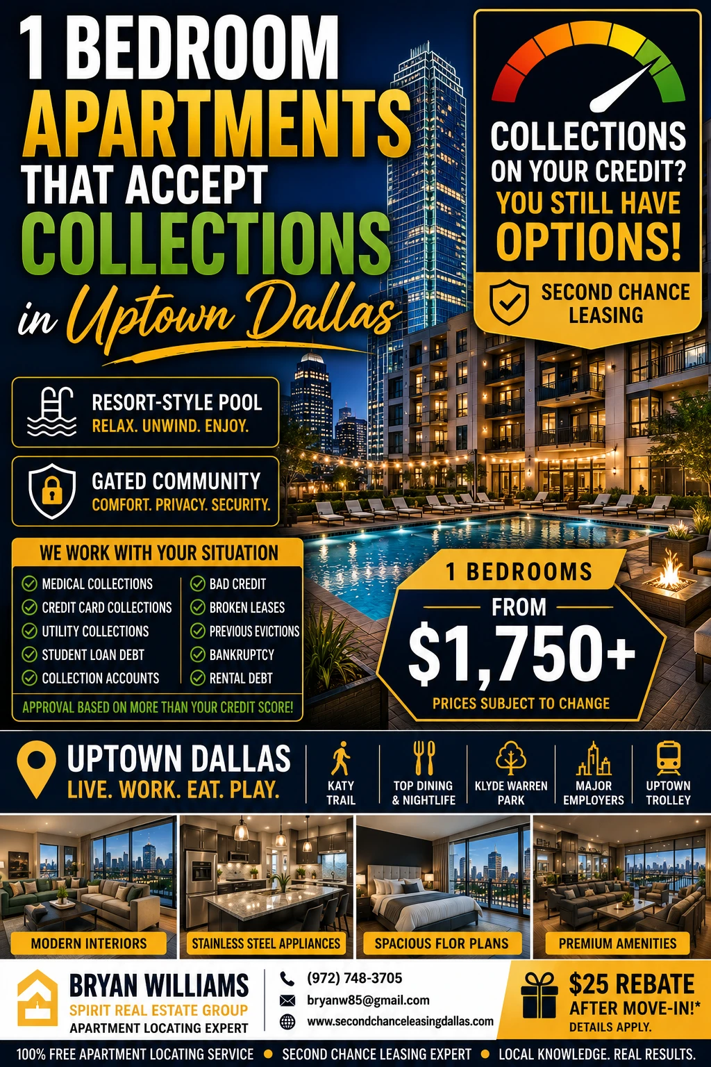 1 BEDROOM APARTMENTS THAT ACCEPT COLLECTIONS IN UPTOWN DALLAS | SECOND CHANCE LEASING | APARTMENTS FROM $1,750+ | RESORT-STYLE POOL + GATED COMMUNITY