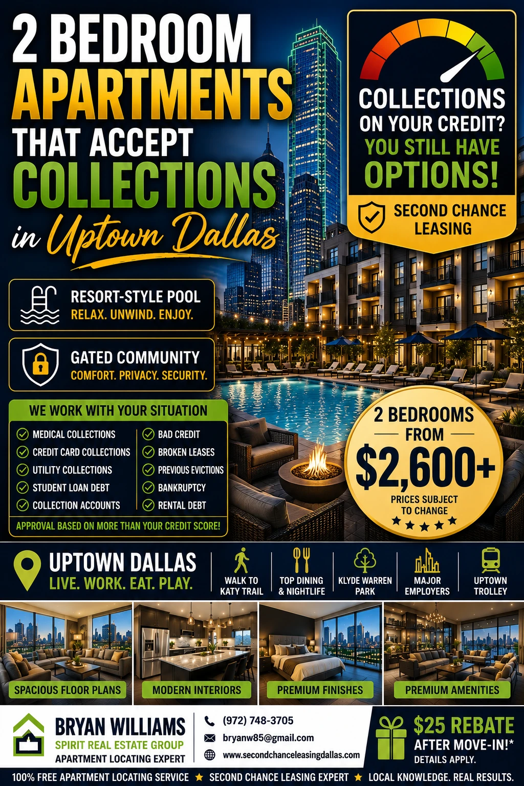 2 BEDROOM APARTMENTS THAT ACCEPT COLLECTIONS IN UPTOWN DALLAS | SECOND CHANCE LEASING | APARTMENTS FROM $2,600+ | RESORT-STYLE POOL + GATED COMMUNITY
