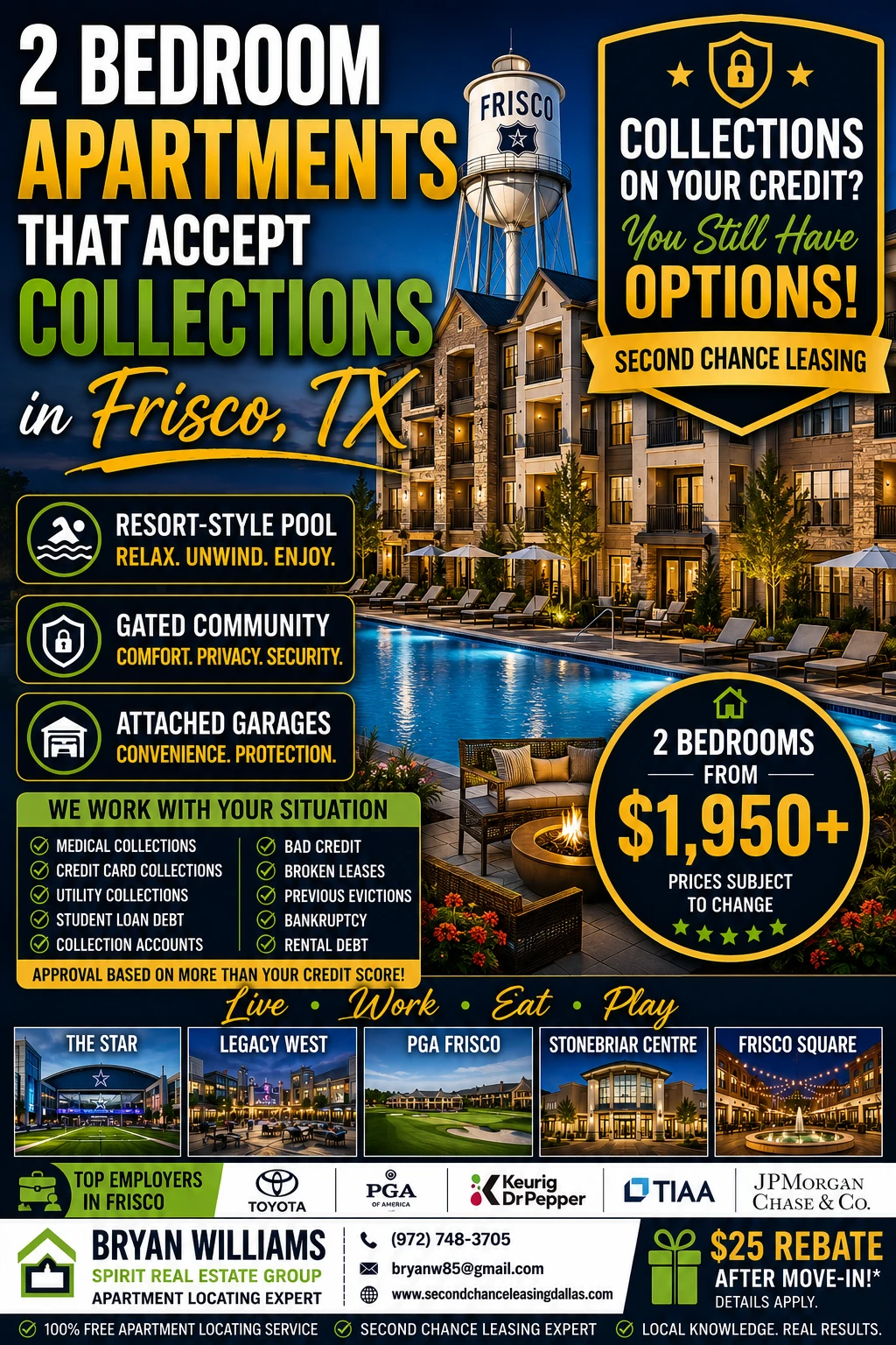2 BEDROOM APARTMENTS THAT ACCEPT COLLECTIONS IN FRISCO, TX | SECOND CHANCE LEASING | APARTMENTS FROM $1,950+ | RESORT-STYLE POOL + ATTACHED GARAGES
