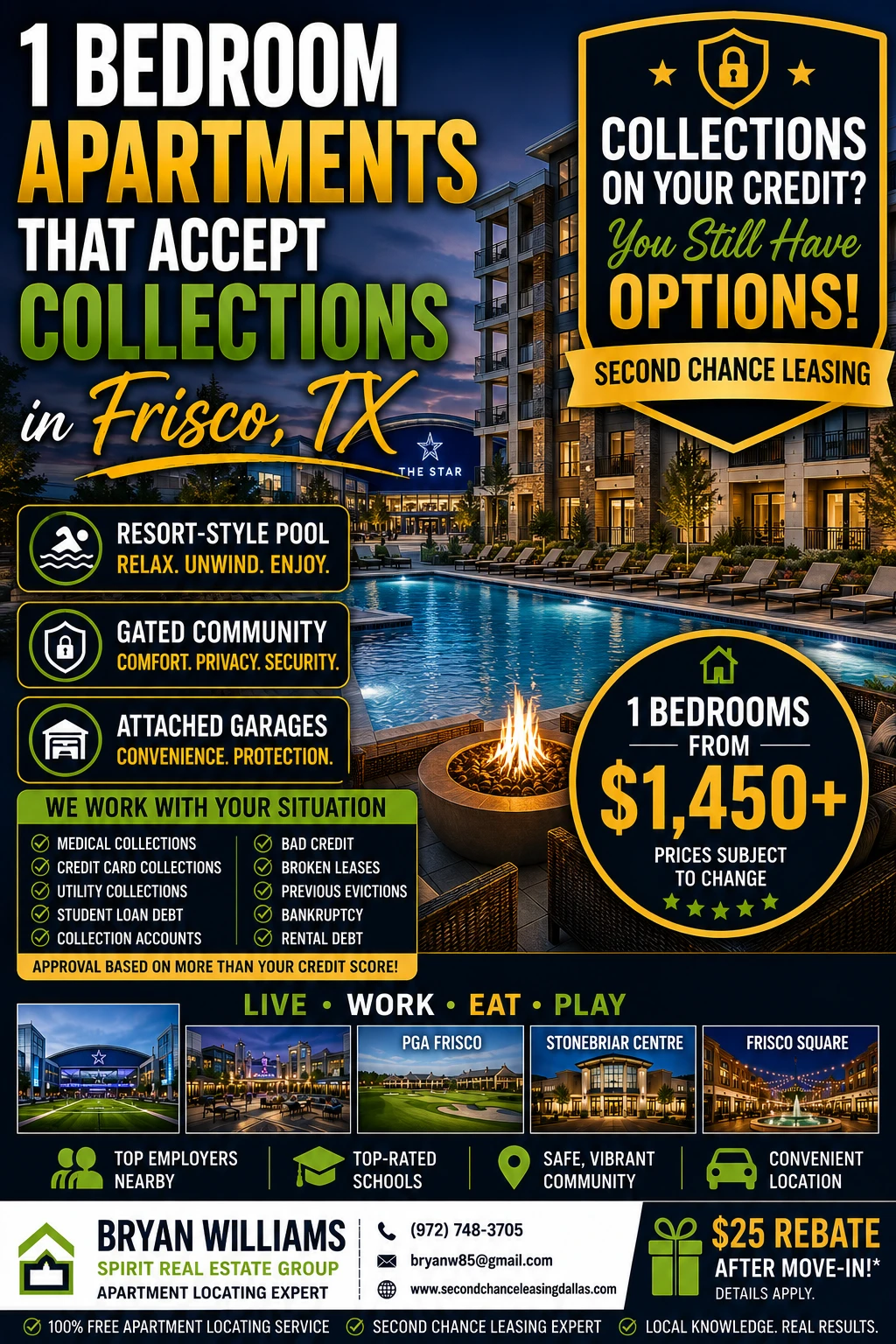 1 BEDROOM APARTMENTS THAT ACCEPT COLLECTIONS IN FRISCO, TX | SECOND CHANCE LEASING | APARTMENTS FROM $1,450+ | RESORT-STYLE POOL + ATTACHED GARAGES