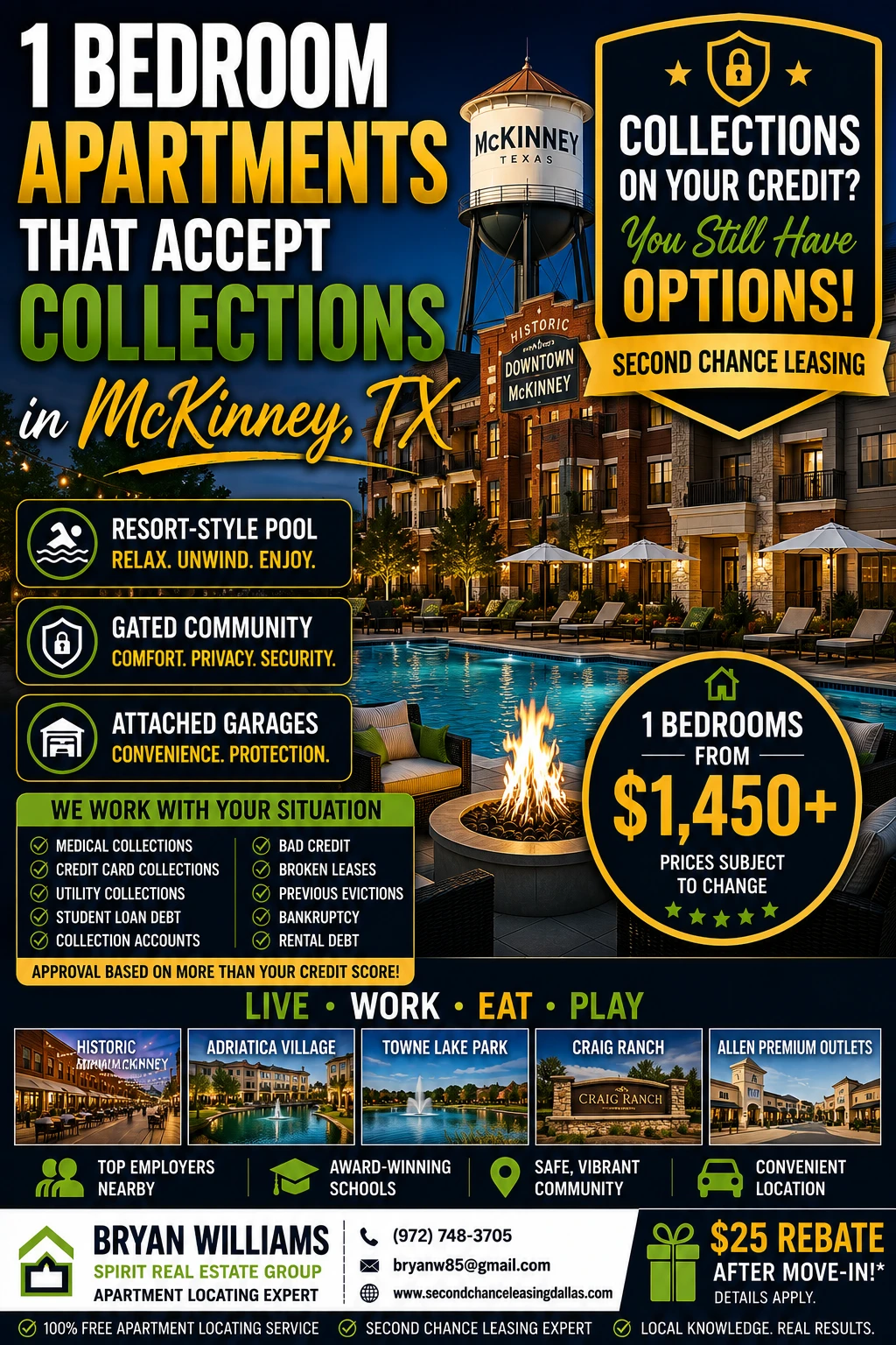 1 BEDROOM APARTMENTS THAT ACCEPT COLLECTIONS IN McKINNEY, TX | SECOND CHANCE LEASING | APARTMENTS FROM $1,450+ | RESORT-STYLE POOL + ATTACHED GARAGES