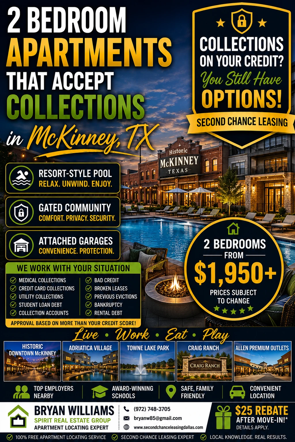 2 BEDROOM APARTMENTS THAT ACCEPT COLLECTIONS IN McKINNEY, TX | SECOND CHANCE LEASING | APARTMENTS FROM $1,950+ | RESORT-STYLE POOL + ATTACHED GARAGES