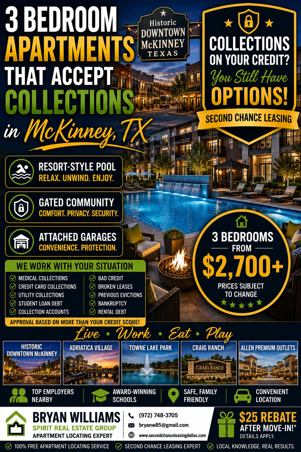 3 BEDROOM APARTMENTS THAT ACCEPT COLLECTIONS IN McKINNEY, TX | SECOND CHANCE LEASING | APARTMENTS FROM $2,700+ | RESORT-STYLE POOL + ATTACHED GARAGES