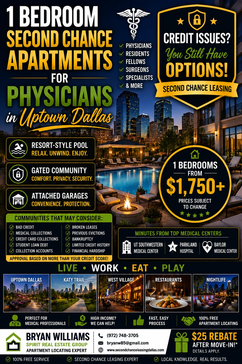 1 BEDROOM SECOND CHANCE APARTMENTS FOR PHYSICIANS IN UPTOWN DALLAS | FROM $1,750+ | RESORT-STYLE POOL + GATED COMMUNITY