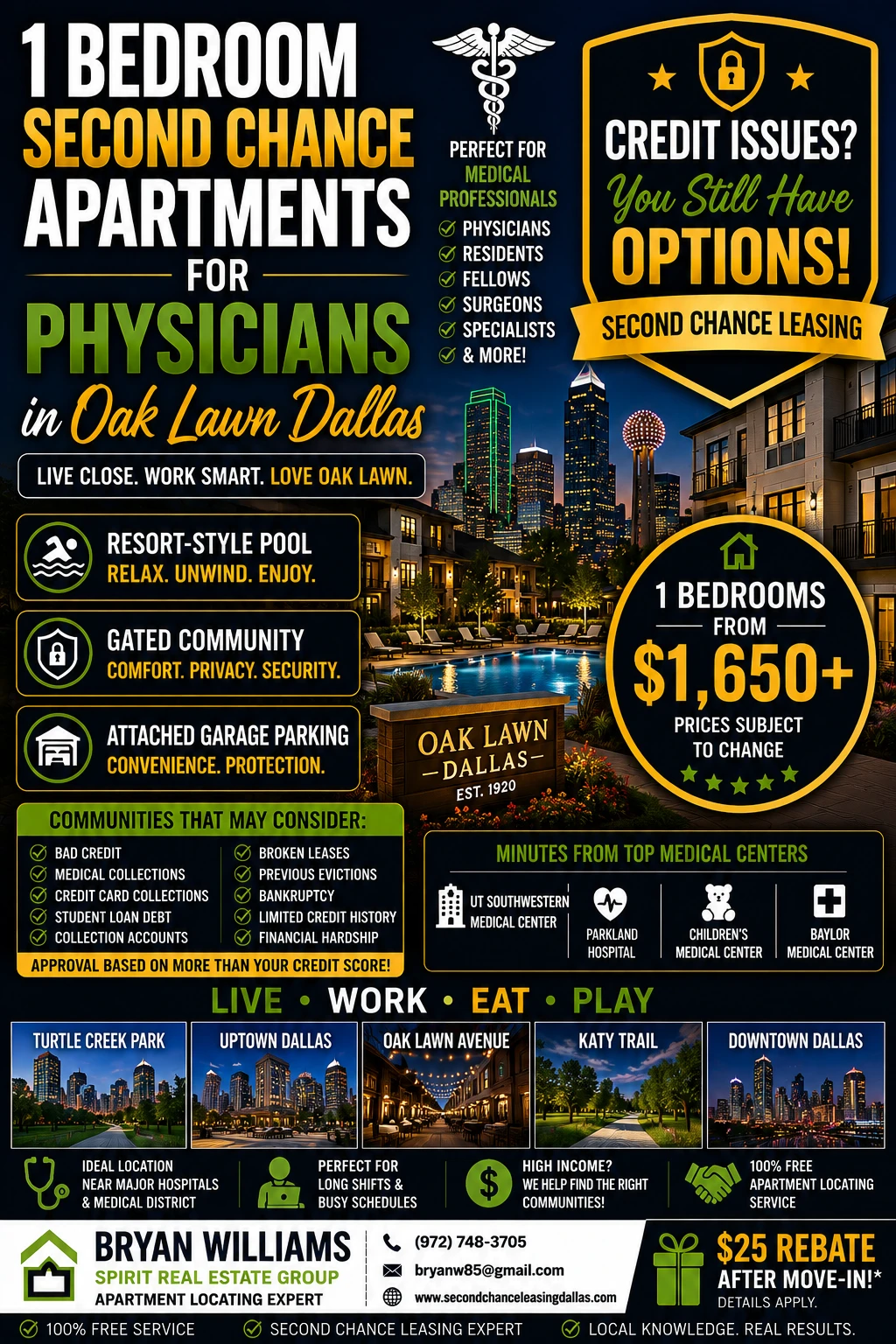 1 BEDROOM SECOND CHANCE APARTMENTS FOR PHYSICIANS IN OAK LAWN DALLAS | FROM $1,650+ | RESORT-STYLE POOL + GATED COMMUNITY