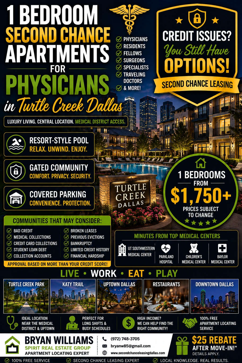 1 BEDROOM SECOND CHANCE APARTMENTS FOR PHYSICIANS IN TURTLE CREEK DALLAS | FROM $1,750+ | RESORT-STYLE POOL + GATED COMMUNITY