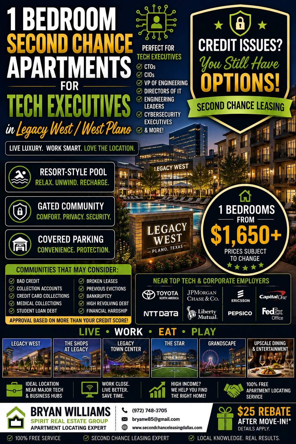 1 BEDROOM SECOND CHANCE APARTMENTS FOR TECH EXECUTIVES IN LEGACY WEST / WEST PLANO | FROM $1,650+ | RESORT-STYLE POOL + GATED COMMUNITY