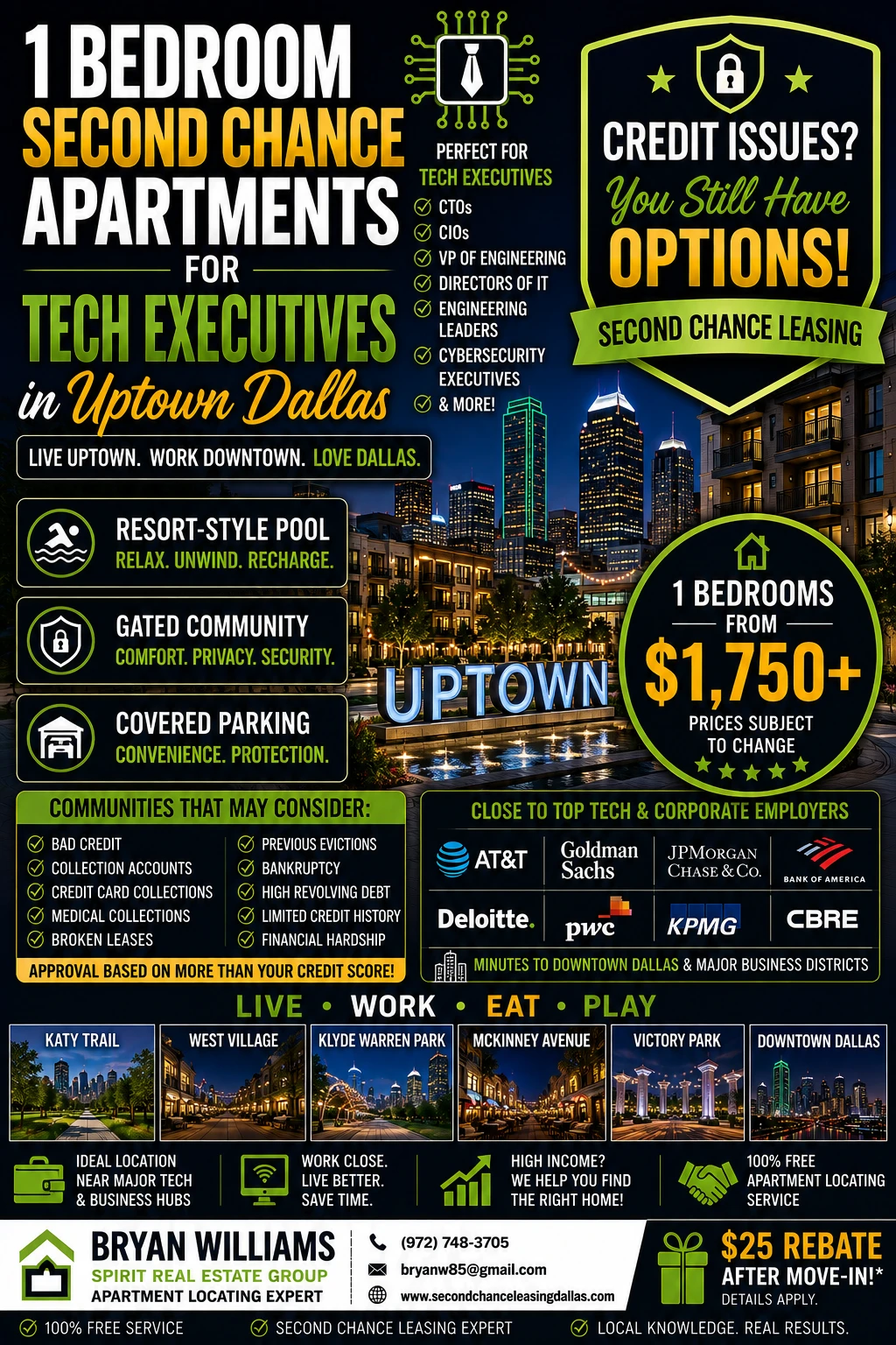 1 BEDROOM SECOND CHANCE APARTMENTS FOR TECH EXECUTIVES IN UPTOWN DALLAS | FROM $1,750+ | RESORT-STYLE POOL + GATED COMMUNITY