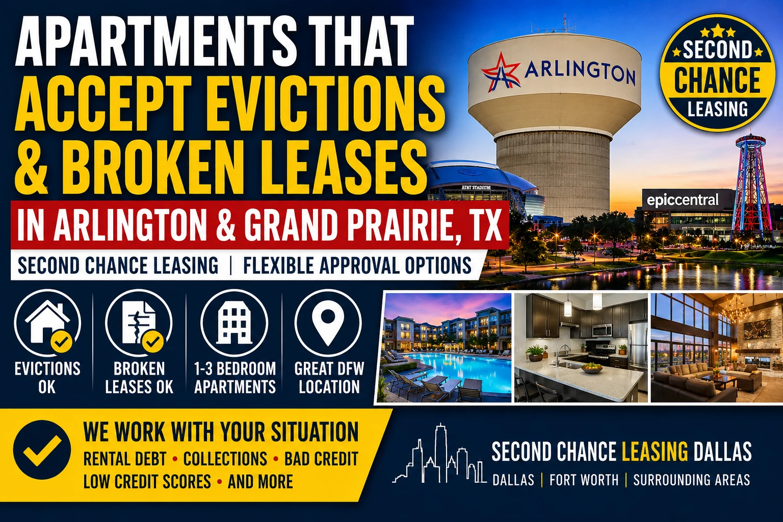APARTMENTS THAT ACCEPT EVICTIONS & BROKEN LEASES IN ARLINGTON & GRAND PRAIRIE, TX | SECOND CHANCE LEASING | 1–3 BEDROOM APARTMENTS | FLEXIBLE APPROVAL OPTIONS