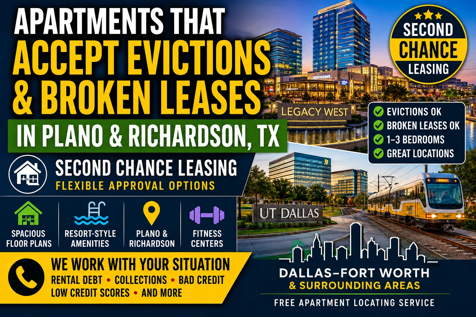 APARTMENTS THAT ACCEPT EVICTIONS & BROKEN LEASES IN PLANO & RICHARDSON, TX | SECOND CHANCE LEASING | 1–3 BEDROOM APARTMENTS | FLEXIBLE APPROVAL OPTIONS
