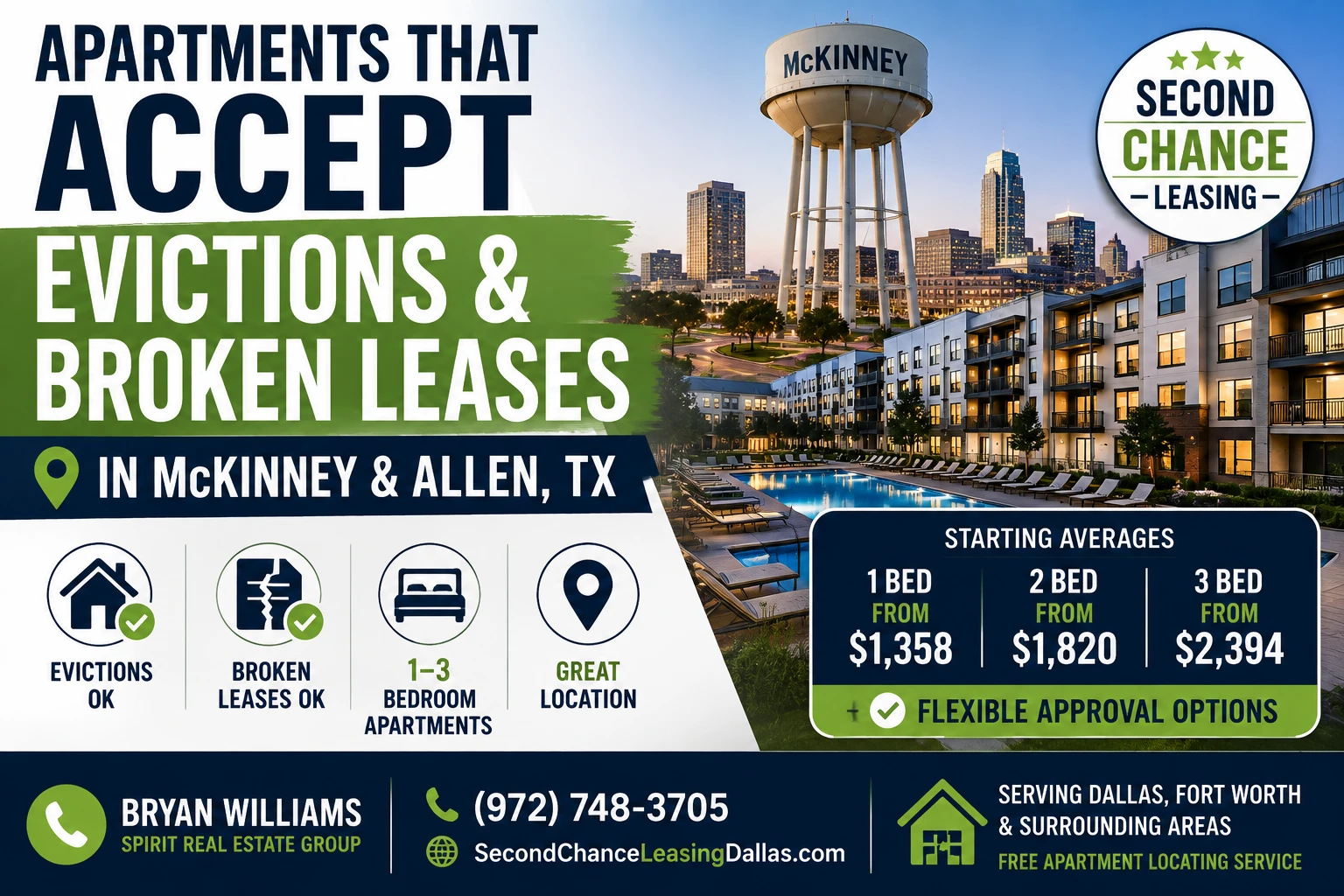 APARTMENTS THAT ACCEPT EVICTIONS & BROKEN LEASES IN McKINNEY & ALLEN, TX | SECOND CHANCE LEASING | 1–3 BEDROOM APARTMENTS | FLEXIBLE APPROVAL OPTIONS