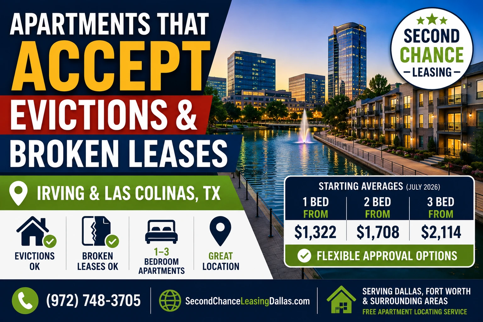 APARTMENTS THAT ACCEPT EVICTIONS & BROKEN LEASES IN IRVING & LAS COLINAS, TX | SECOND CHANCE LEASING | 1–3 BEDROOM APARTMENTS | FLEXIBLE APPROVAL OPTIONS