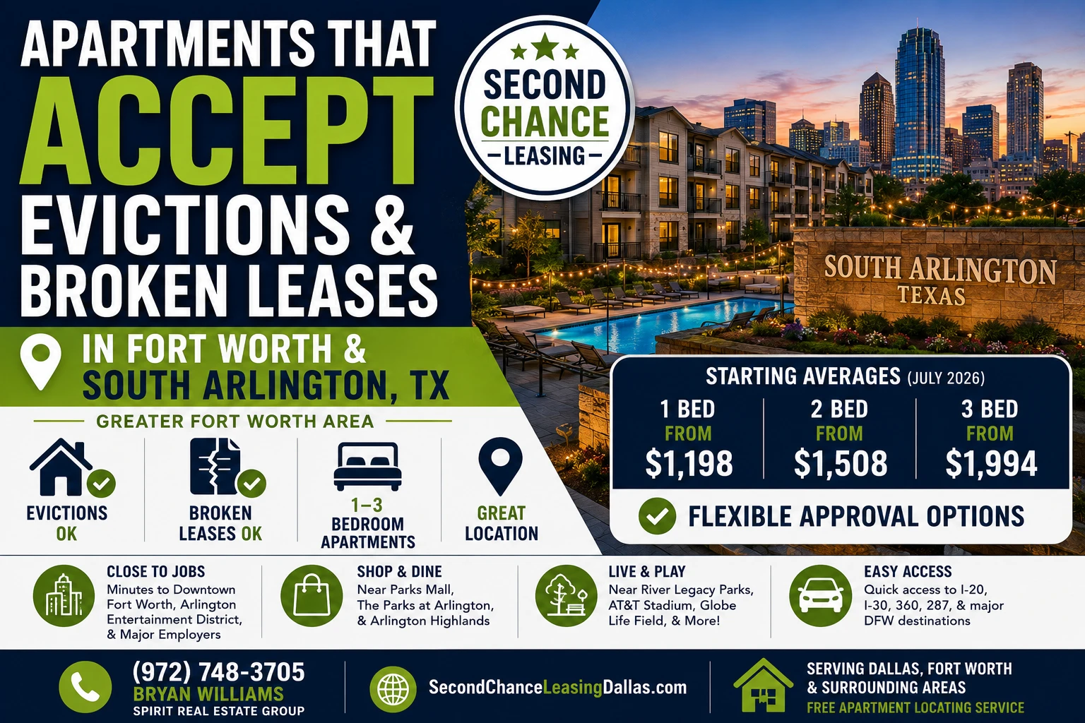 APARTMENTS THAT ACCEPT EVICTIONS & BROKEN LEASES IN FORT WORTH & SOUTH ARLINGTON, TX | SECOND CHANCE LEASING | 1–3 BEDROOM APARTMENTS | FLEXIBLE APPROVAL OPTIONS
