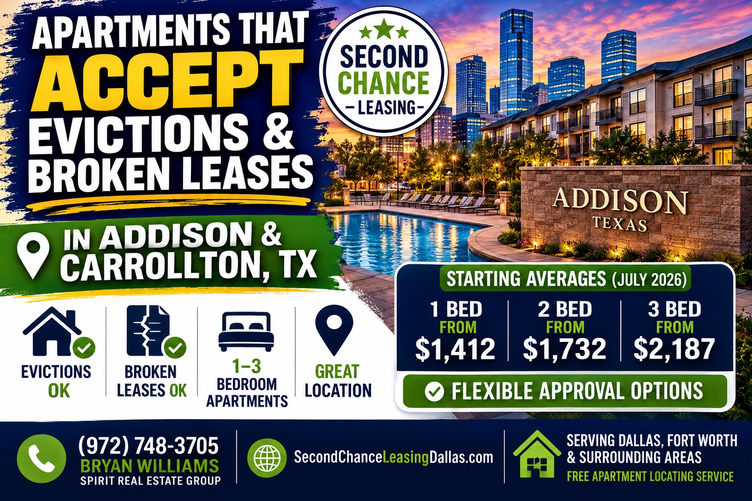 APARTMENTS THAT ACCEPT EVICTIONS & BROKEN LEASES IN ADDISON & CARROLLTON, TX | SECOND CHANCE LEASING | 1–3 BEDROOM APARTMENTS | FLEXIBLE APPROVAL OPTIONS