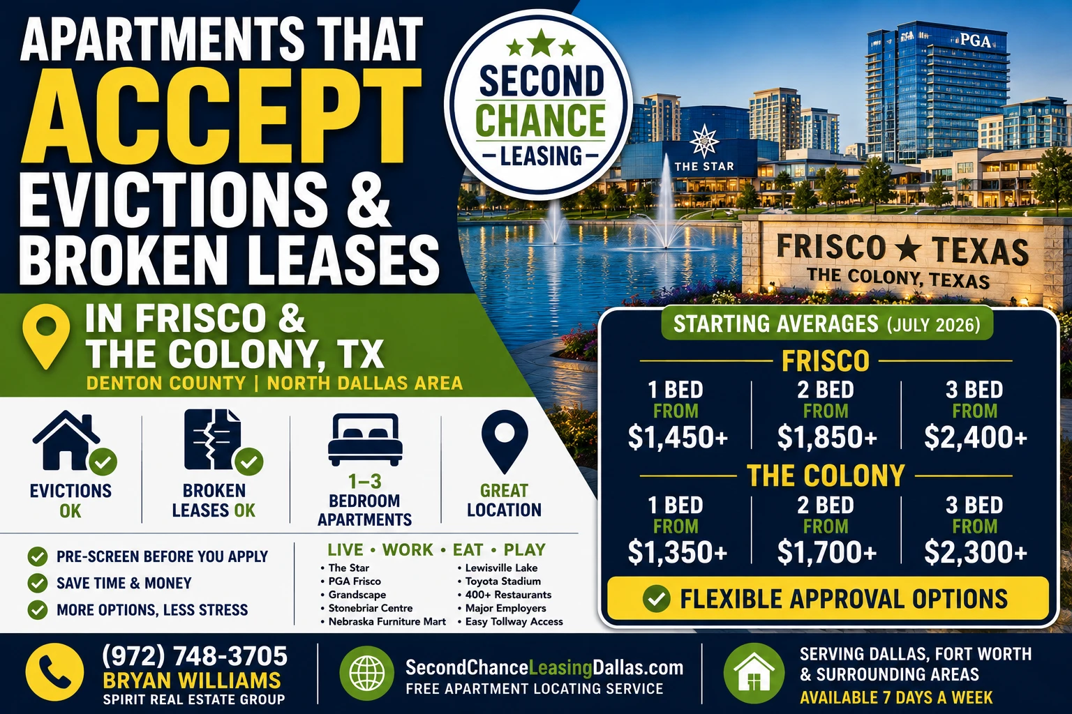 APARTMENTS THAT ACCEPT EVICTIONS & BROKEN LEASES IN FRISCO & THE COLONY, TX | SECOND CHANCE LEASING | 1–3 BEDROOM APARTMENTS | FLEXIBLE APPROVAL OPTIONS