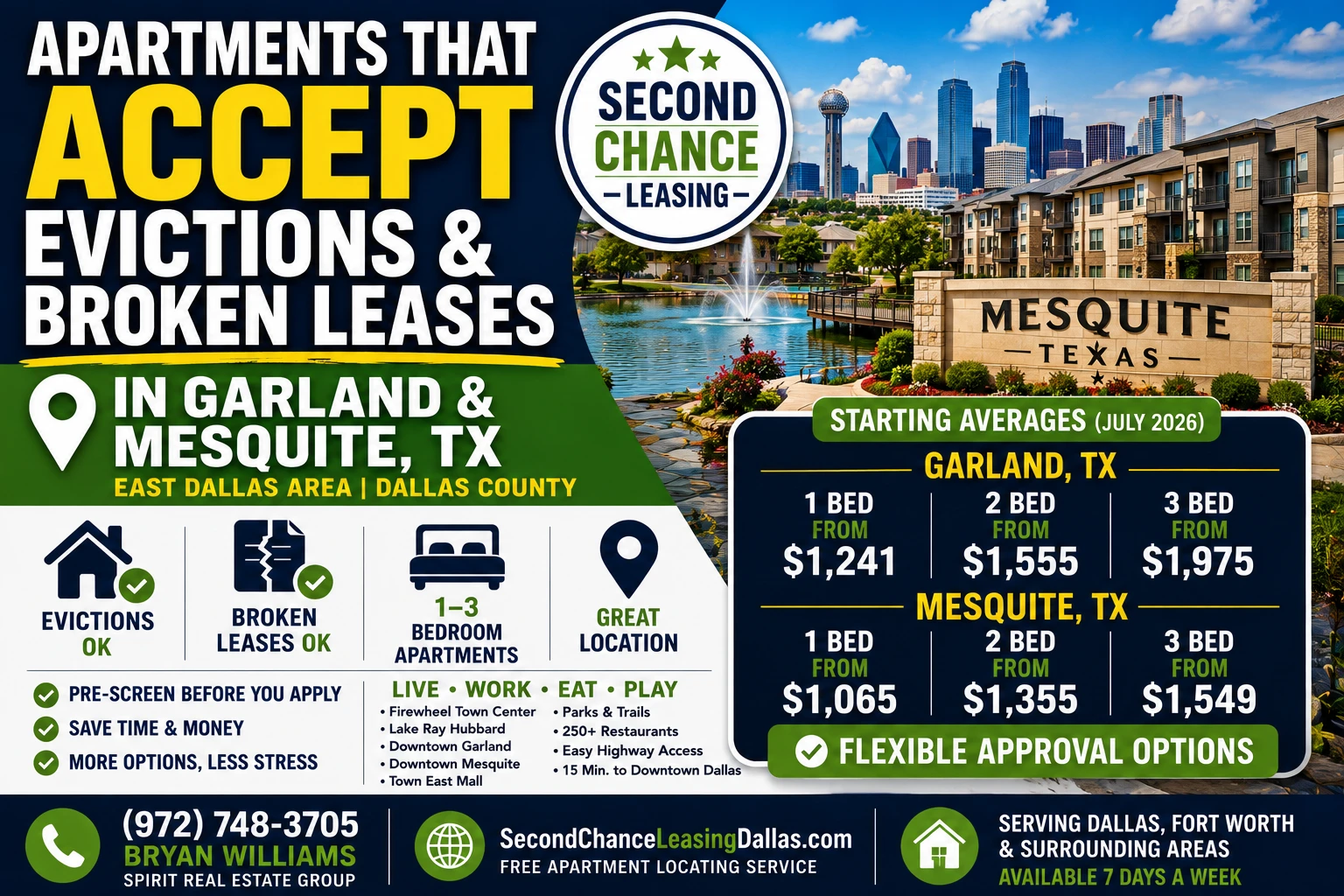 APARTMENTS THAT ACCEPT EVICTIONS & BROKEN LEASES IN GARLAND & MESQUITE, TX | SECOND CHANCE LEASING | 1–3 BEDROOM APARTMENTS | FLEXIBLE APPROVAL OPTIONS