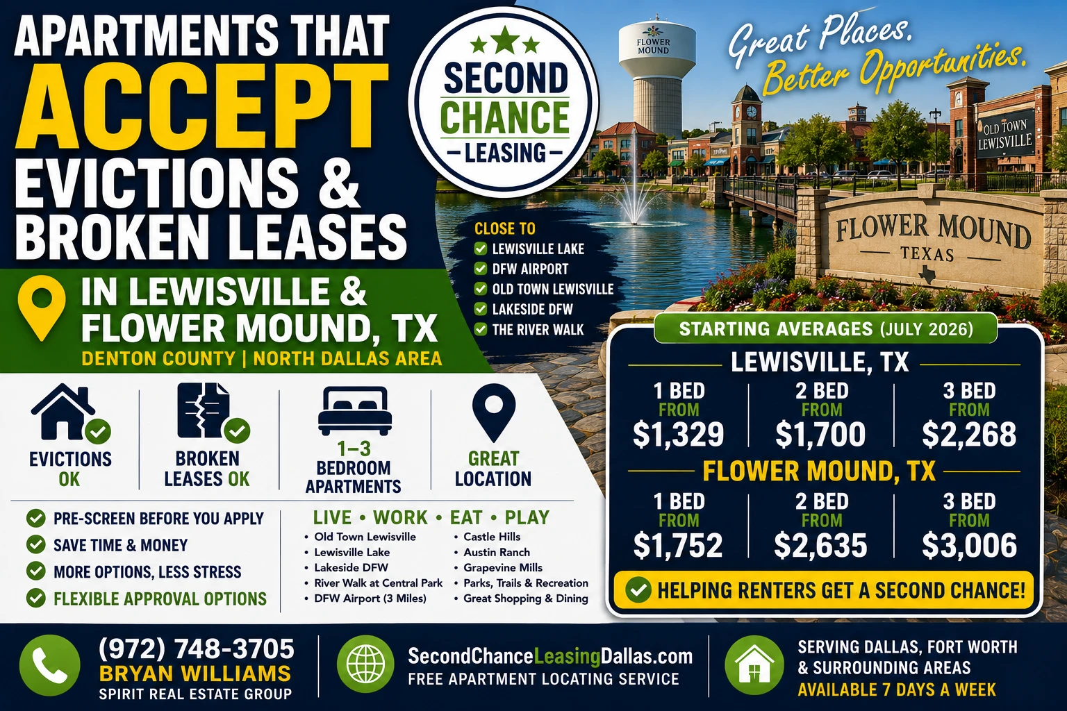 APARTMENTS THAT ACCEPT EVICTIONS & BROKEN LEASES IN LEWISVILLE & FLOWER MOUND, TX | SECOND CHANCE LEASING | 1–3 BEDROOM APARTMENTS | FLEXIBLE APPROVAL OPTIONS