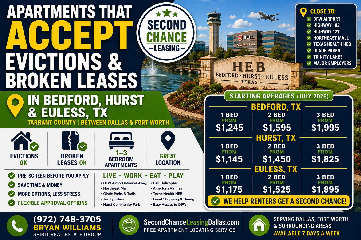 APARTMENTS THAT ACCEPT EVICTIONS & BROKEN LEASES IN BEDFORD, HURST & EULESS, TX | SECOND CHANCE LEASING | 1–3 BEDROOM APARTMENTS | FLEXIBLE APPROVAL OPTIONS