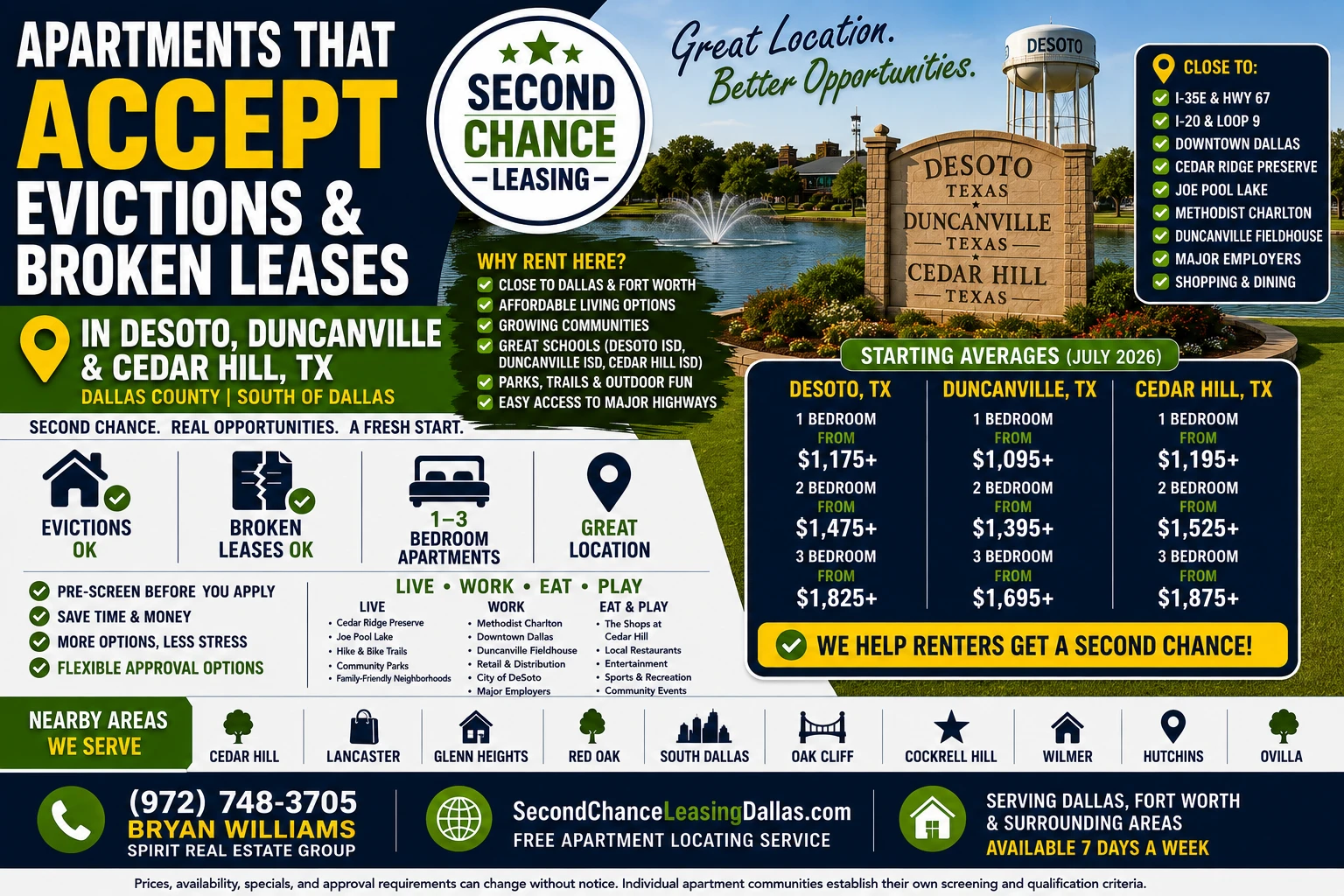 APARTMENTS THAT ACCEPT EVICTIONS & BROKEN LEASES IN DESOTO, DUNCANVILLE & CEDAR HILL, TX | SECOND CHANCE LEASING | 1–3 BEDROOM APARTMENTS | FLEXIBLE APPROVAL OPTIONS