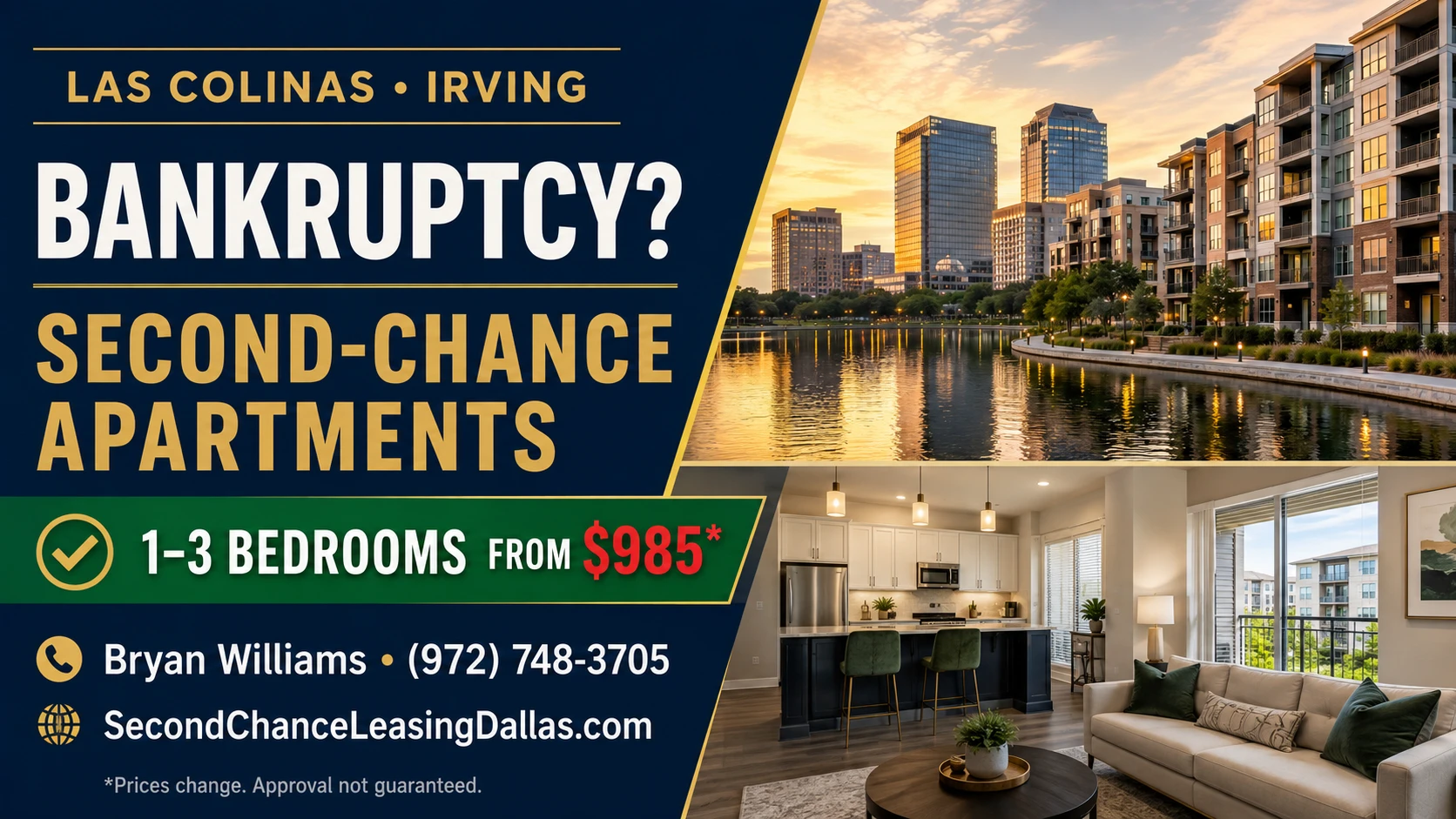 Bankruptcy Doesn’t Always Mean Leaving Las Colinas: Apartment Options After Financial Hardship | SECOND CHANCE LEASING | 1–3 BEDROOM APARTMENTS FROM $985 | LAKE VIEWS 